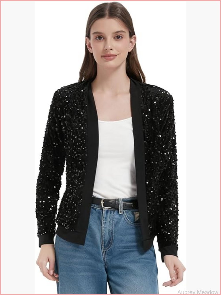 Sparkly Sequin Blazer Open Front Long Sleeve Cardigan Coat Party Cocktail